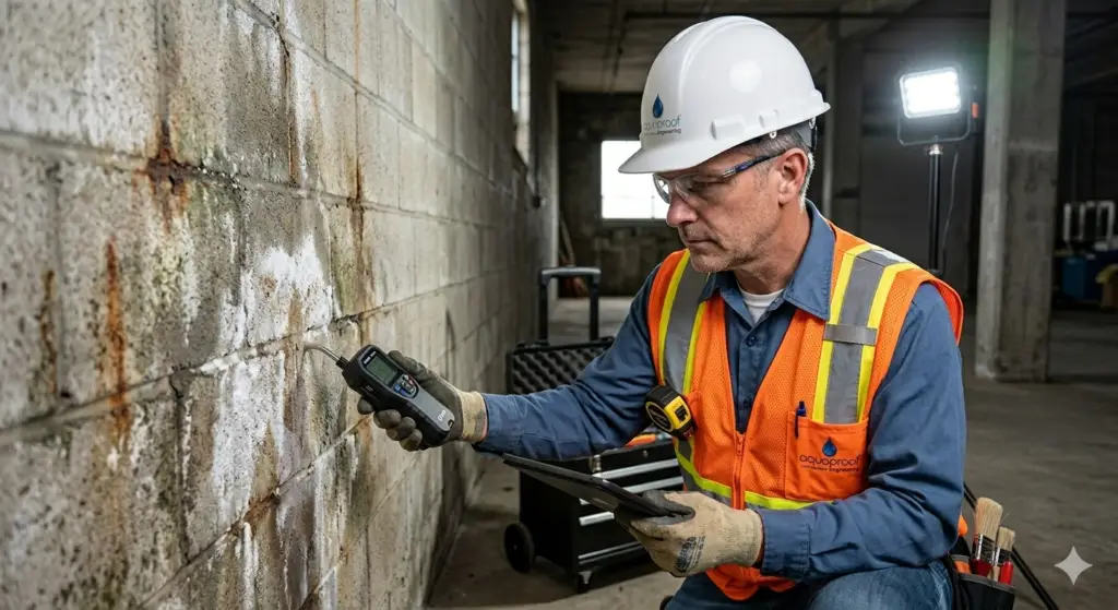 Professional engineer inspecting commercial wall for efflorescence and water damage.